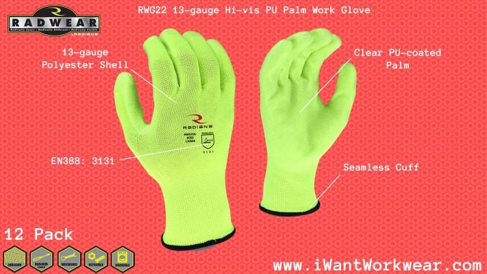 Radians RWG22 High Visibility Polyester Shell with Clear PU Palm Work Glove