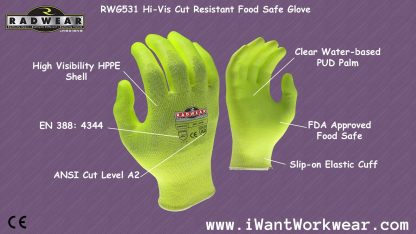 Radians RWG531 ANSI Cut Level A2 High Visibility HPPE Shell with PUD Grip, FDA Approved