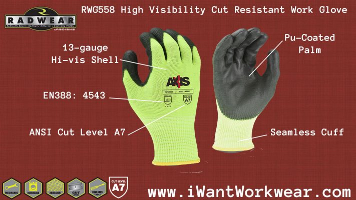 Radians RWG558 High Visibility Cut Resistant Work Glove, ANSI Cut Level A7