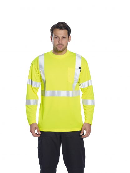 Portwest S191 High Visibility Long Sleeve T-shirt w/ Pocket * Reflective Tape, Yellow, On body 2