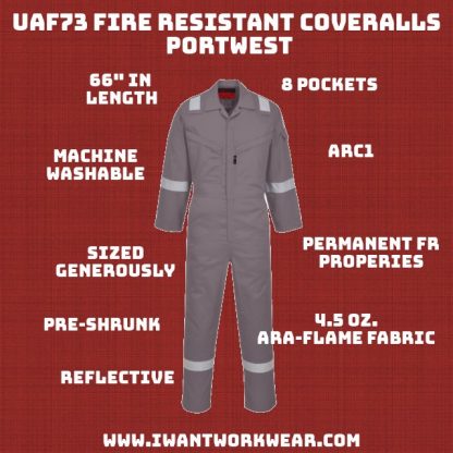 The UAF73 is built from a high-tech fabric known as "Araflame Plus" and offers permanent fire resistance while still remaining soft and flexible. The materials are pre-shrunk to so you dont have to worry about washing instructions.  The coveralls are lightweight (4.5oz) and are inherently resistant to fire. Amaflame Plus is 93% meta-aramid (heat resistance), 5% para-aramid (strength) and 2% carbon fiber (anti-static).