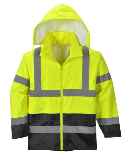 Portwest UH443 High Visibility Rain Jacket with black bottom, relfective, unisex with hood
