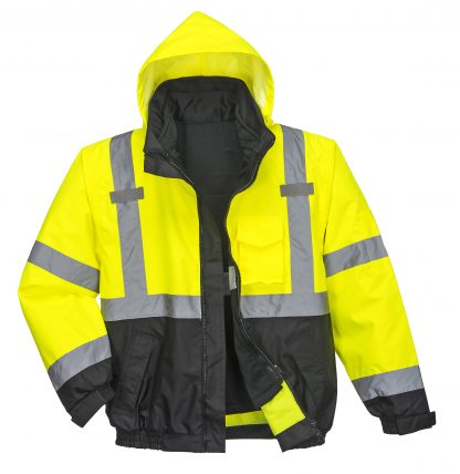 Portwest US365 3-in-1 High Visibility Jacket, Reflective, Yellow, Front with liner