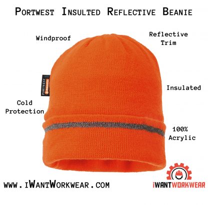 Portwest Insulated Reflective Beanie, Orange iwantworkwear infographic