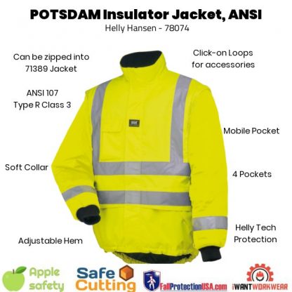 Helly Hansen POTSDAM LINER JACKET - Orange and Yellow, Main, iWantworkwear Yellow front- Waterproof / Windproof / Breathable Reflective banding 4 Pockets Tail drop Stormflap Can be zipped into 71389 for extra warmth ANSI/ISEA 107-2015 Type R Class 3